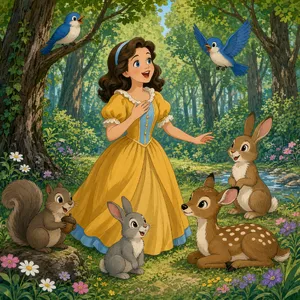 A classic Disney-like 2D cartoon princess singing with animals in a forest. - XAI Grok Imagine 2.0