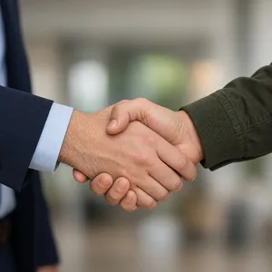 A close-up of two people shaking hands, both hands fully visible with five fingers each, in sharp focus against a blurred background. - XAI Grok Imagine 2.0