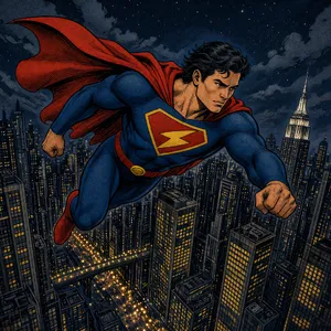 A comic-book style superhero flying over a city at night, with halftone shading. - XAI Grok Imagine 2.0