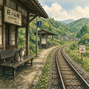 A countryside train station with a cat waiting on a bench. Rendered in Studio Ghibli animation style with Miyazaki's watercolor backgrounds and hand-drawn quality. - XAI Grok Imagine 2.0