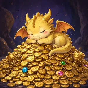 A cute chibi-style dragon sleeping on a pile of gold. - XAI Grok Imagine 2.0