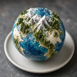 A dessert cake that looks like a tiny planet, complete with miniature trees and mountains, photographed in a professional food photography style with tilt-shift focus effect. - XAI Grok Imagine 2.0