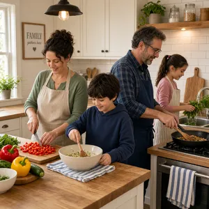 A family cooking together in a kitchen, each person busy with a different task. - XAI Grok Imagine 2.0