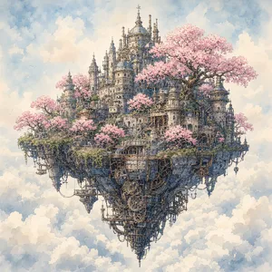 A floating steampunk castle in the sky with intricate mechanical gears and cherry blossom trees, illustrated in Hayao Miyazaki's Castle in the Sky (1986) art style with watercolor textures and detailed line work. - XAI Grok Imagine 2.0