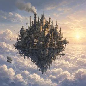 A flying castle floating in clouds at sunrise. Match the visual aesthetic of 'Howl's Moving Castle' by Studio Ghibli, with Miyazaki's blend of steampunk elements and fantasy. - XAI Grok Imagine 2.0