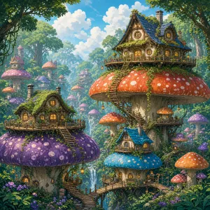 A forest of giant mushrooms with houses built on top of them, rendered in a whimsical Studio Ghibli-inspired art style with vibrant colors and fantastical details. - XAI Grok Imagine 2.0