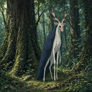 A forest spirit standing among tall trees. Replicate the artistic style of 'Princess Mononoke' by Studio Ghibli, with Miyazaki's detailed environments and mystical creature design. - XAI Grok Imagine 2.0