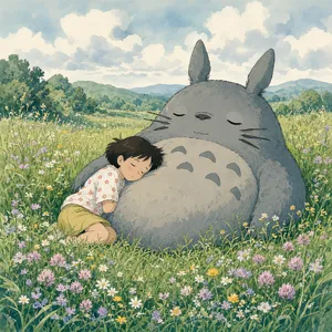 A girl and a giant fluffy creature napping in a wildflower meadow. Reproduce the art style of 'My Neighbor Totoro' by Studio Ghibli, with Miyazaki's soft character designs. - XAI Grok Imagine 2.0