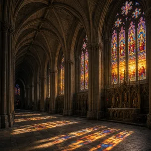 A Gothic cathedral interior at sunset with light streaming through detailed stained glass windows, creating colored patterns on stone floors and columns. Show accurate ribbed vaulting. - XAI Grok Imagine 2.0