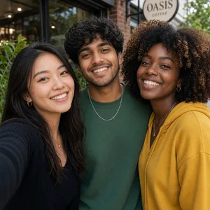 A group selfie of three friends of different ethnic backgrounds smiling at the camera. - XAI Grok Imagine 2.0