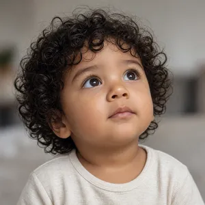 A hyper-realistic photo of a toddler with curly hair and big eyes, looking upward. - XAI Grok Imagine 2.0