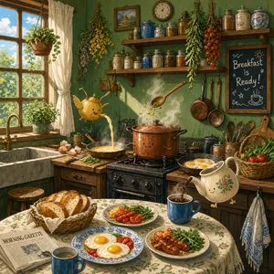 A kitchen with magical cooking implements preparing breakfast. Duplicate the artistic style of Studio Ghibli's domestic scenes, with Miyazaki's detailed settings and warm lighting. - XAI Grok Imagine 2.0
