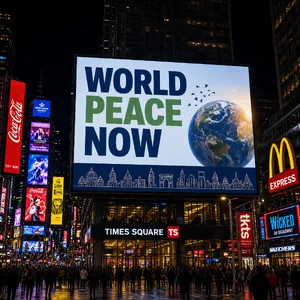 A large storefront billboard at Times Square displaying the slogan “WORLD PEACE NOW” in bold, clear letters, amidst a vibrant cityscape at night. - XAI Grok Imagine 2.0