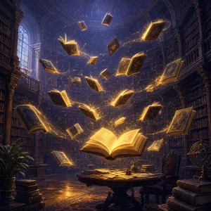 A library where the books are glowing and floating in mid-air, illustrated in a magical realism style with dramatic lighting and rich atmospheric colors. - XAI Grok Imagine 2.0