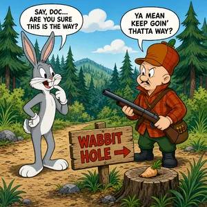 A Looney Tunes-inspired cartoon scene of a clever rabbit tricking a hunter. - XAI Grok Imagine 2.0