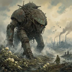 A mechanical creature in a polluted landscape. Capture the visual aesthetic of 'Nausicaä' by Studio Ghibli, with Miyazaki's mechanical designs and environmental contrast. - XAI Grok Imagine 2.0