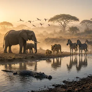 A misty dawn at an African savanna watering hole where elephants, lions, and zebras coexist in tense harmony, with a crocodile partially submerged in the foreground and flamingos taking flight in the background, golden hour lighting. - XAI Grok Imagine 2.0