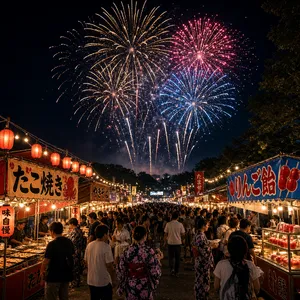 A nighttime festival with fireworks in the sky, food stalls lined up, and crowds mingling. - XAI Grok Imagine 2.0