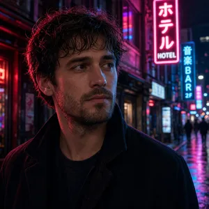 A nighttime portrait of a man lit by neon signs on a city street. - XAI Grok Imagine 2.0