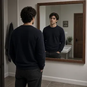 A person standing before a mirror, with their front and reflected back both visible. - XAI Grok Imagine 2.0