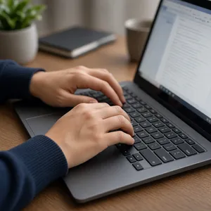 A person typing on a laptop keyboard, showing both hands on the keys. - XAI Grok Imagine 2.0