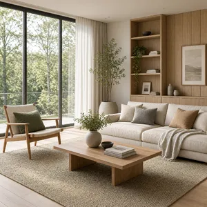 A photorealistic interior of a modern Scandinavian-style living room with natural light streaming through floor-to-ceiling windows. Show detailed wood textures, fabric materials, and proper light reflections. - XAI Grok Imagine 2.0