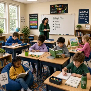 A school classroom of children and a teacher, each student engaged in a different activity. - XAI Grok Imagine 2.0