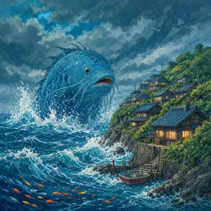 A sea creature rising from a stormy ocean near a village. Replicate the visual style of 'Ponyo' by Studio Ghibli, with Miyazaki's fluid water animations and vibrant creatures. - XAI Grok Imagine 2.0