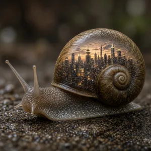 A snail whose shell contains a miniature city skyline, depicted in a hyperrealistic macro photography style with intricate architectural details and ambient lighting. - XAI Grok Imagine 2.0