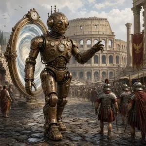 A steampunk robot time-traveling in ancient Rome, depicted in a detailed cinematic style that blends historical accuracy with copper and brass retrofuturistic aesthetics. - XAI Grok Imagine 2.0