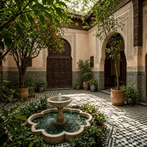 A traditional Moroccan riad courtyard with detailed zellige tilework, flowing fountain, citrus trees, and ornate woodwork. Morning light casting intricate shadow patterns. - XAI Grok Imagine 2.0