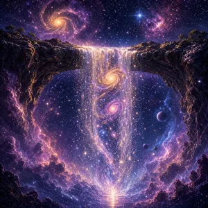 A waterfall that pours out stars and galaxies instead of water, illustrated in a cosmic fantasy style with vibrant space colors and dramatic lighting effects. - XAI Grok Imagine 2.0