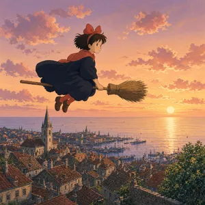 A young witch flying on a broomstick above a coastal town at sunset. Exact art style of 'Kiki's Delivery Service' by Studio Ghibli, with Miyazaki's character design and warm colors. - XAI Grok Imagine 2.0