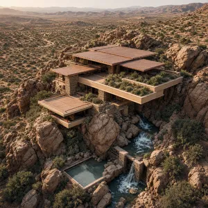 Aerial view of a modernist desert home, in the style of Frank Lloyd Wright's Fallingwater but adapted to desert conditions. Show integration with rocky landscape and water features. - XAI Grok Imagine 2.0