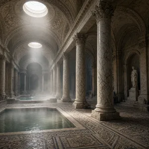 An ancient Roman bathhouse interior with accurate architectural details - marble columns, mosaic floors, arched ceilings, and steam rising from pools. Natural light from oculus openings. - XAI Grok Imagine 2.0