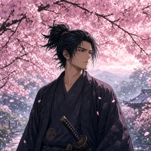 An anime-style portrait of a samurai standing under pink cherry blossoms. - XAI Grok Imagine 2.0
