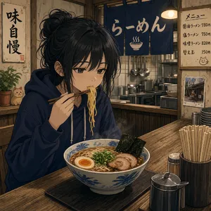 An anime scene of a character eating ramen at a small shop counter (slice-of-life style). - XAI Grok Imagine 2.0