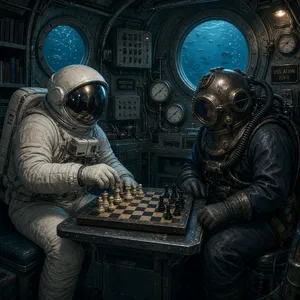 An astronaut and a deep-sea diver playing chess together inside a submarine. - XAI Grok Imagine 2.0