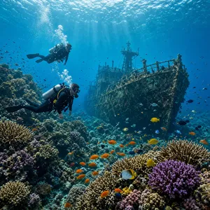 An underwater scene with scuba divers exploring a coral reef alongside colorful fish and a sunken ship. - XAI Grok Imagine 2.0