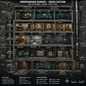 Cross-section rendering of a multi-level underground bunker with different functional areas, structural support systems, ventilation, and power generation facilities visible. - XAI Grok Imagine 2.0