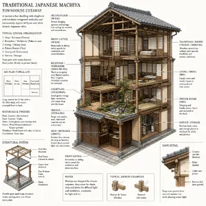 Cutaway architectural drawing of a traditional Japanese machiya townhouse showing all rooms and structural elements. Include accurate proportions, traditional joinery, and typical spatial organization. - XAI Grok Imagine 2.0