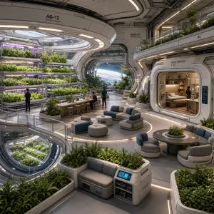 Interior of a futuristic space habitat with hydroponics gardens, communal areas, and living quarters. Show curved walls, artificial gravity considerations, and multipurpose furniture designs. - XAI Grok Imagine 2.0