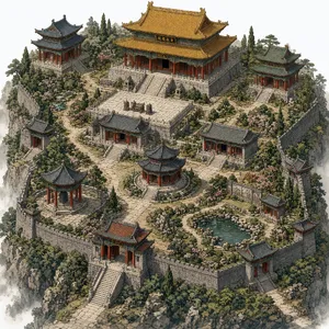 Isometric architectural illustration of an ancient Chinese temple complex showing multiple pavilions, gardens, and ceremonial spaces. Include proper roof structures and traditional ornamentation. - XAI Grok Imagine 2.0