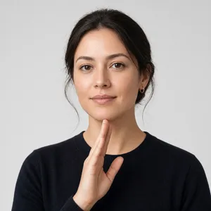 Photorealistic close-up portrait of a person clearly performing the American Sign Language gesture for 