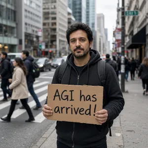 Photorealistic daytime street photograph, clearly showing a man standing still on a busy urban street corner holding a rectangular cardboard sign clearly facing camera, handwritten bold black marker text clearly readable as 