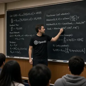 Photorealistic depiction of a man wearing a clearly visible black OpenAI-branded T-shirt. He is standing at the front of a university lecture hall, writing complex mathematics and AI-related equations across a large, dusty chalkboard filled with notation - XAI Grok Imagine 2.0