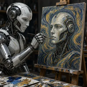 Photorealistic image of a robot painting a realistic self-portrait (i.e. the robot) on canvas, mimicking Van Gogh’s art style; clear, realistic metallic textures and painting details visible - XAI Grok Imagine 2.0