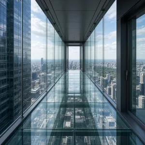 Photorealistic rendering of a contemporary glass skybridge between two skyscrapers, seen from inside with city views visible through glass walls and floor. Show accurate reflections and structural details. - XAI Grok Imagine 2.0