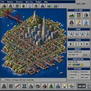 Pixel art cityscape of San Francisco in the iconic SimCity 2000 style, isometric view, detailed skyscrapers, residential areas, clearly identifiable Golden Gate Bridge, Coit Tower, Transamerica Pyramid, surrounded by the classic SimCity 2000 UI elements - XAI Grok Imagine 2.0