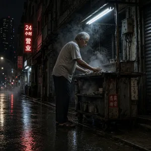 Rain-slicked Singapore street, 3 AM. A lone elderly hawker cleans his cart under one flickering fluorescent light. Steam rises gently. Low-angle shot, photorealistic - XAI Grok Imagine 2.0